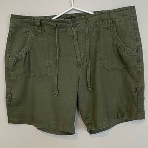 Khaki Green Linen-Viscose Shorts | Adjustable Length | Size 12